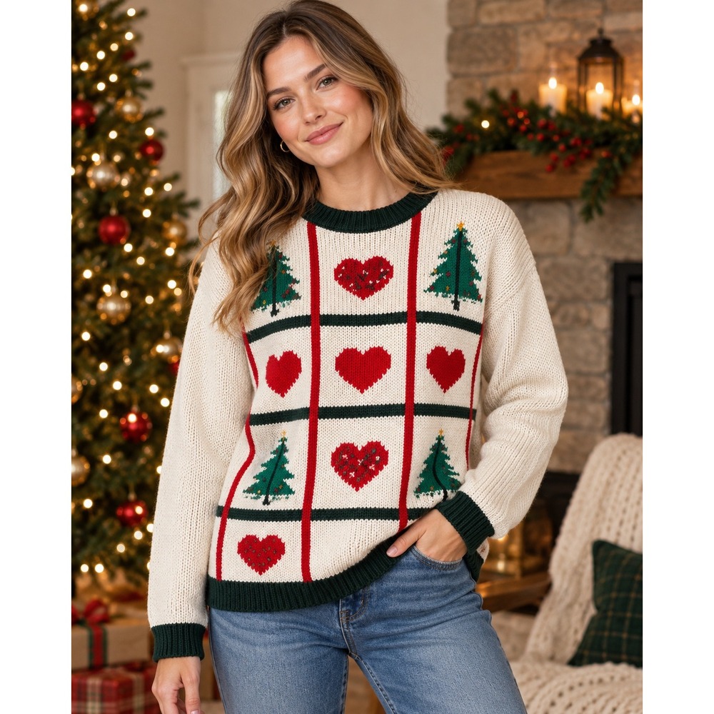 Allison Smith Christmas Sweater Cream Green Red Heart Tree Vintage Medium